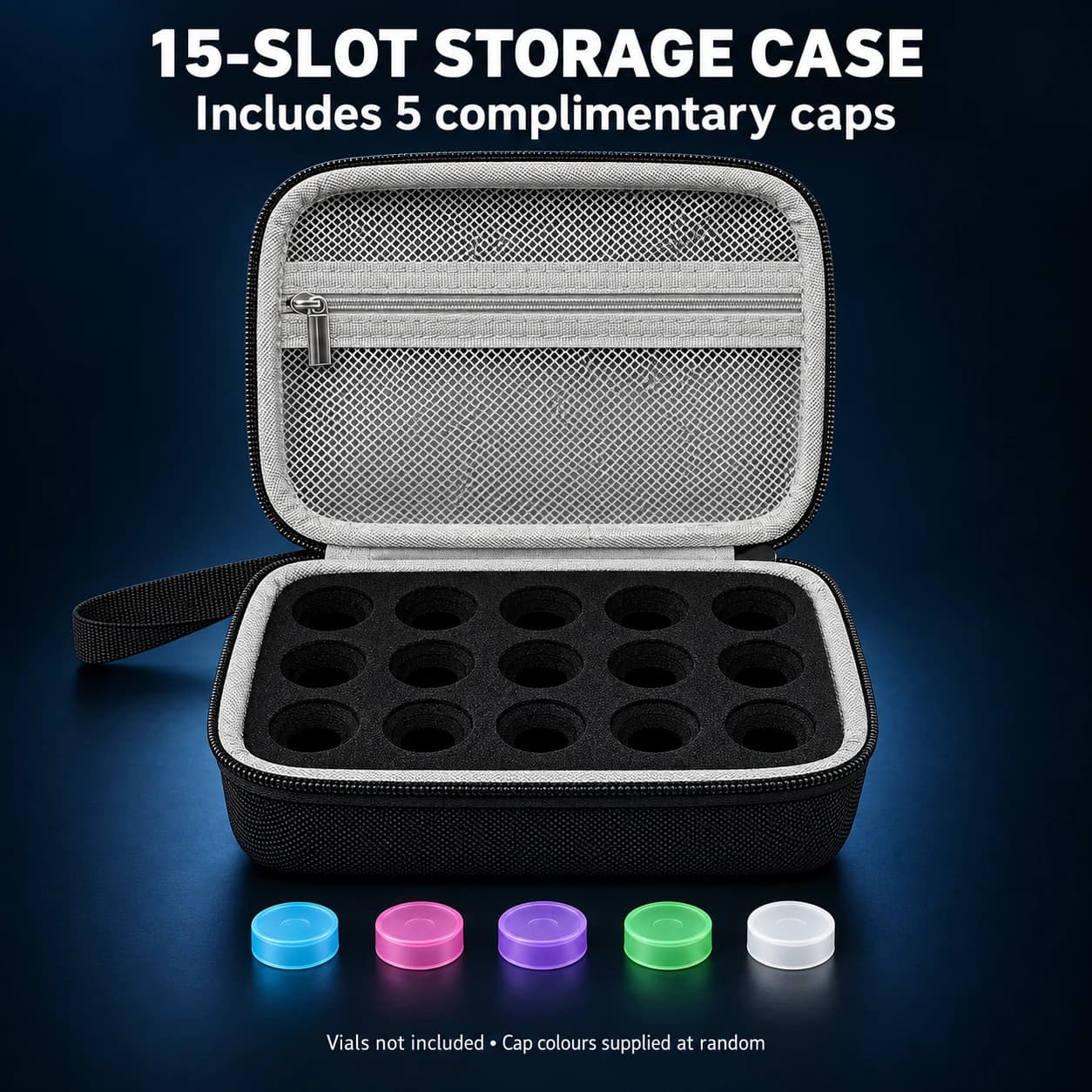 15-Slot Vial Storage Case + 5 Complimentary Caps